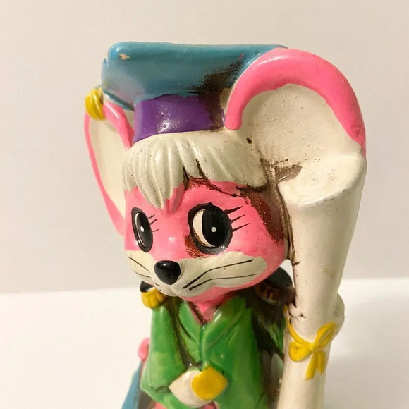 Vintage 1968 OSL Coin Bank Japan Graduating Pink Mouse  7 Inch Tall Figurine - Picture 8 of 16